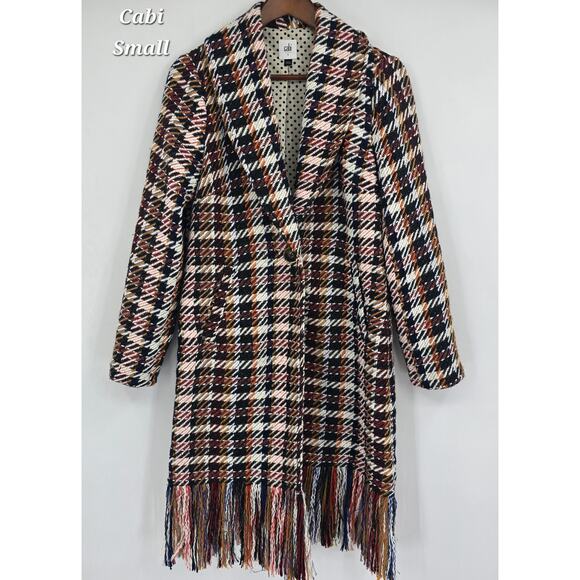 CAbi “Regency Coat” Multicolor Plaid Fringe Coat – Size Small - Picture 1 of 7